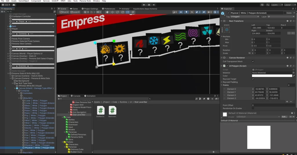 A screenshot of the unity editor with a element of the persona UI selected showing 4 points highlighted as gizmo's